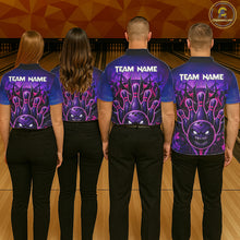 Load image into Gallery viewer, Bowling team wearing matching purple neon monster jerseys back view.
