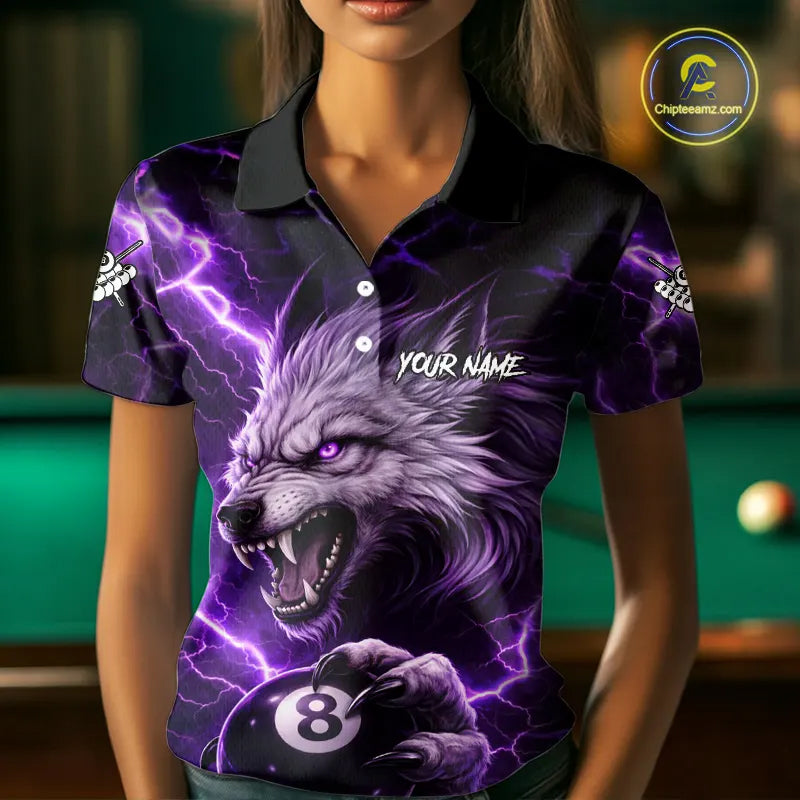 Purple 8 Ball Pool Wolf Lightning Billiard Shirt For Women Custom Billiard Team Jersey Polo & 1/4 Zip TDM5613