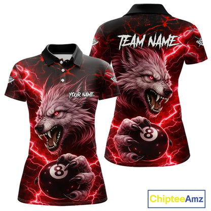 Red 8 Ball Pool Wolf Lightning Billiard Shirt For Women Custom Billiard Team Jersey Polo & 1/4 Zip TDM5614