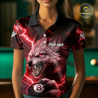 Red 8 Ball Pool Wolf Lightning Billiard Shirt For Women Custom Billiard Team Jersey Polo & 1/4 Zip TDM5614