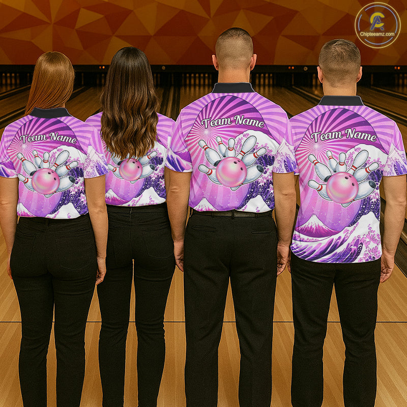 Pink And Purple Funny Waves Ocean Bowling Shirt For Men Custom Bowling Jersey Polo & 1/4 Zip TDM6224