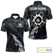 Load image into Gallery viewer, Men’s black and grey 8 ball pool polo shirt with modern billiard league graphics.