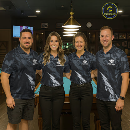 Pool team wearing matching black and grey billiard jerseys during league play front view.