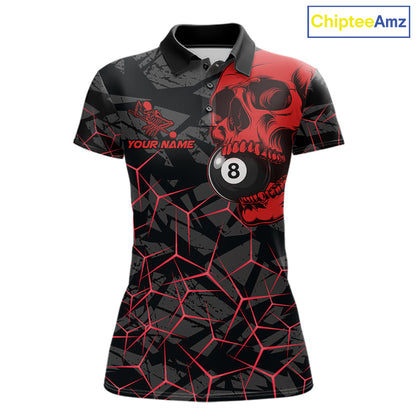 Women’s red skull 8 ball pool polo shirt with bold billiard graphics for league and tournament play.