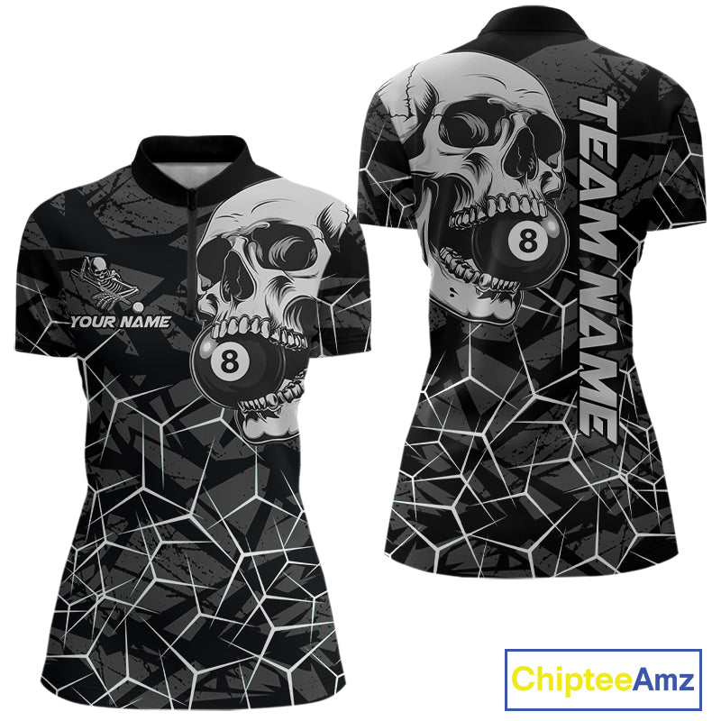 Women’s black and white skull billiard quarter zip shirt for league nights and tournament play.