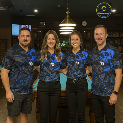 Pool team wearing matching blue skull billiard jerseys during tournament play front view.