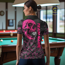 Load image into Gallery viewer, Back view of woman wearing a pink ribbon pool team shirt in a billiards hall.