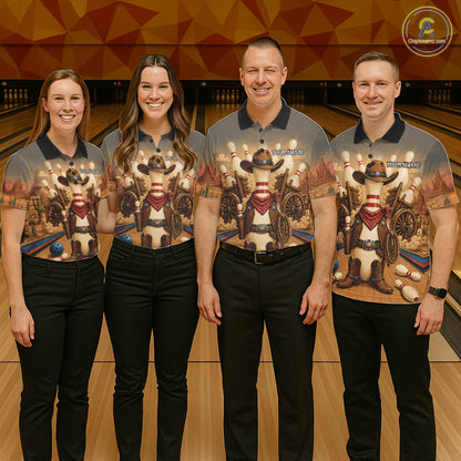 Bowling team wearing matching funny cowboy jerseys front view.