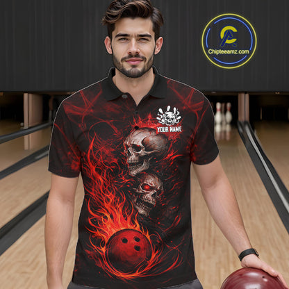 Red Flaming Skull Bowling Shirts For Men Custom Fire Bowling Team Jersey Polo & Quarter Zip TDM5617