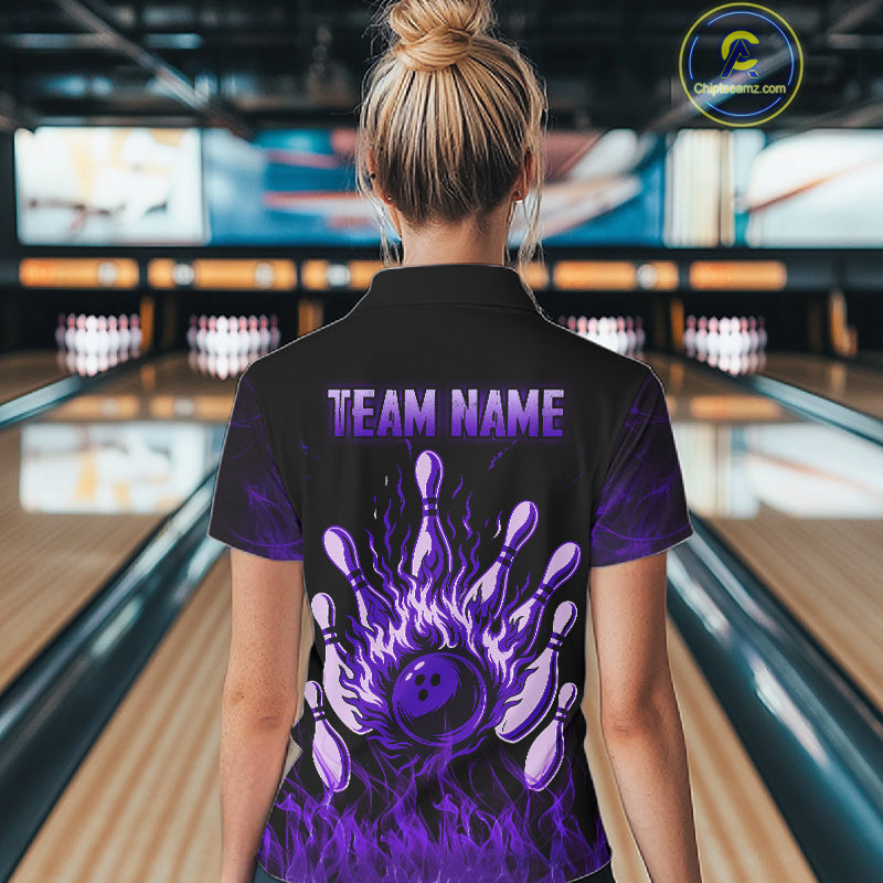 Purple Flaming Skull Bowling Shirts For Women Custom Fire Bowling Team Jersey Polo & Quarter Zip TDM5619