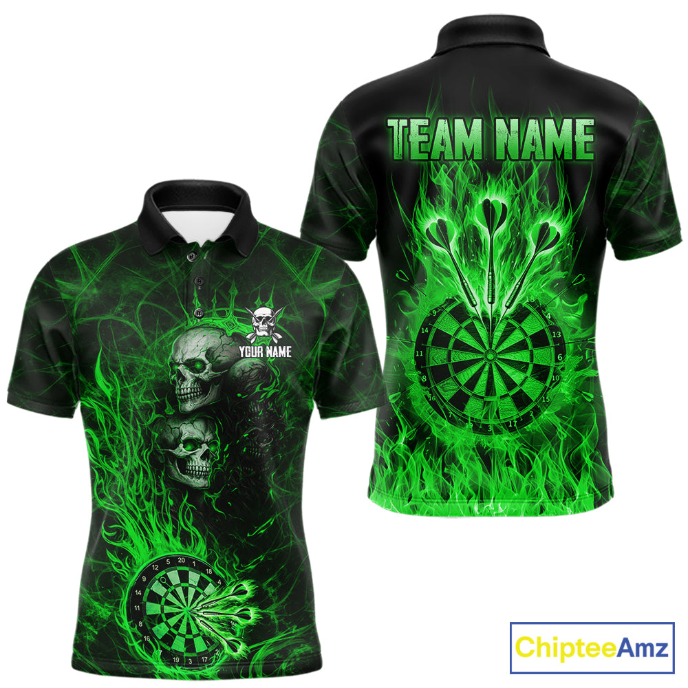 Green Flaming Skull Darts Polo & Quarter Zip Custom Fire Darts Shirt For Men, Darts Team Jersey TDM5621