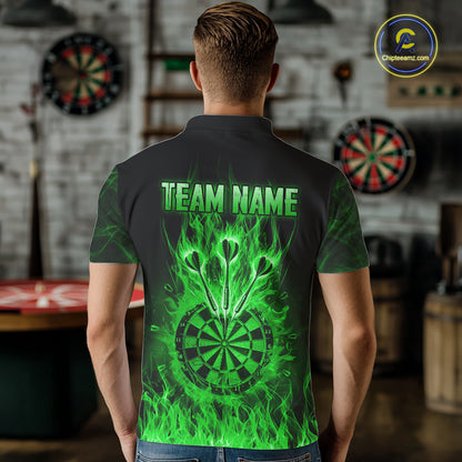 Green Flaming Skull Darts Polo & Quarter Zip Custom Fire Darts Shirt For Men, Darts Team Jersey TDM5621