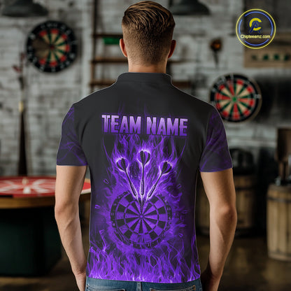 Purple Flaming Skull Darts Polo & Quarter Zip Custom Fire Darts Shirt For Men, Darts Team Jersey TDM5622