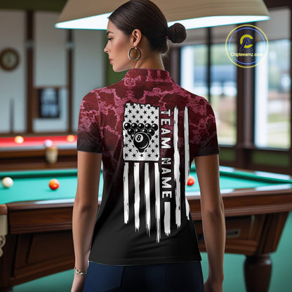 Black And Red Camo US Flag 8 Ball Billiard Shirt For Women Custom Pool Team Jersey Polo & 1/4 Zip TDM5994