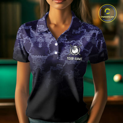 Black And Purple Camo US Flag 8 Ball Billiard Shirt For Women Custom Pool Team Jersey Polo & 1/4 Zip TDM5995