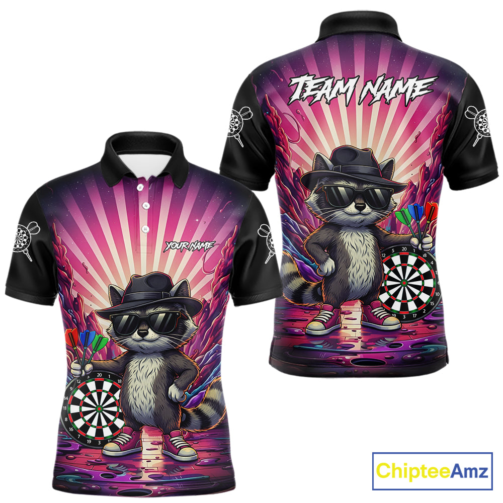 Pink Funny Raccoon Neon Graffiti Darts Shirt For Men Custom Darts Jersey Team Polo & 1/4 Zip TDM6000