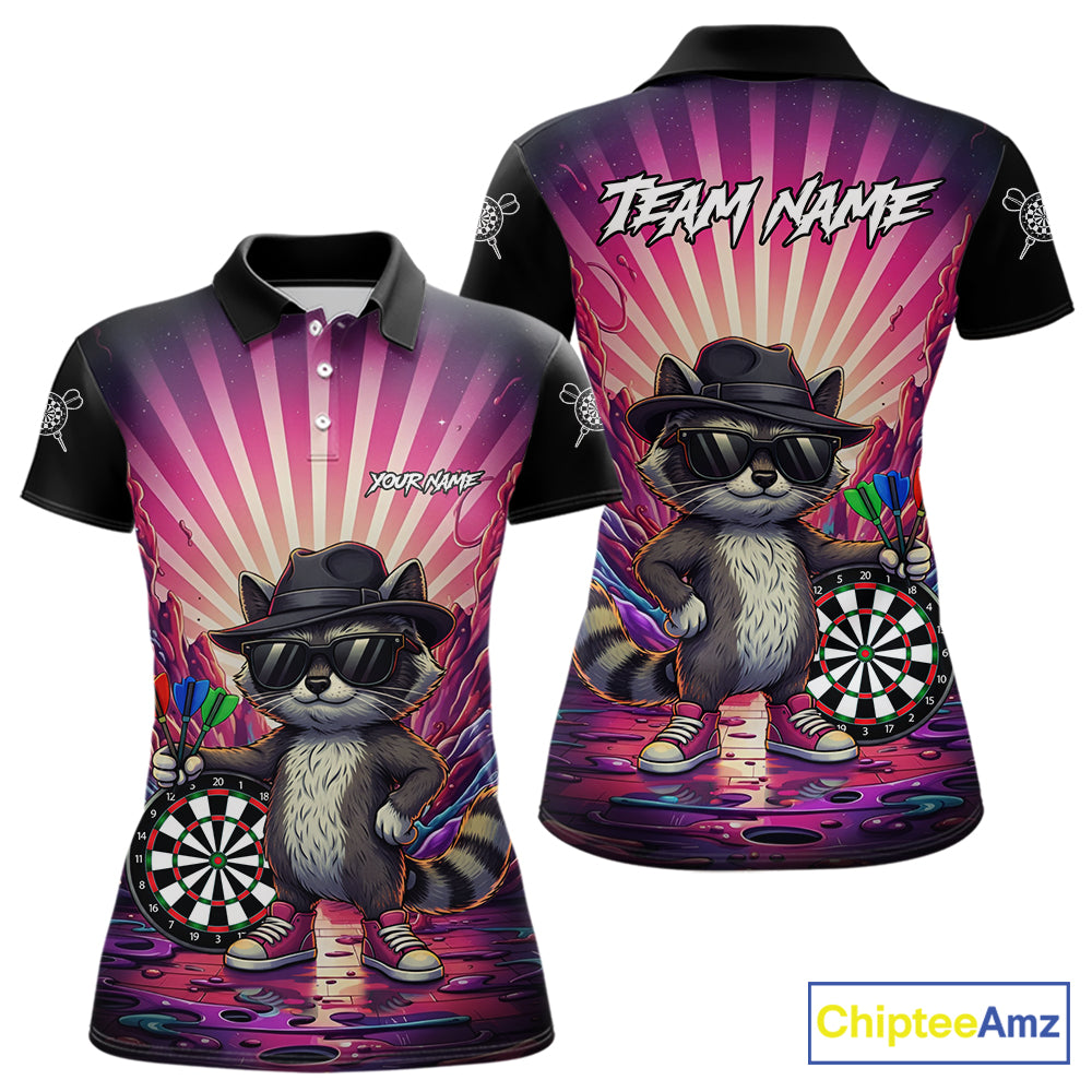 Pink Funny Raccoon Neon Graffiti Darts Shirt For Women Custom Darts Jersey Team Polo & 1/4 Zip TDM6000