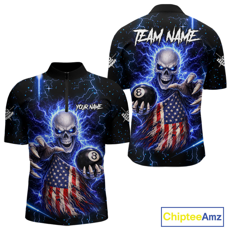 Blue Lightning 8 Ball US Flag Skull Billiard Shirt For Men Custom Pool Team Jersey Polo & 1/4 Zip TDM6230