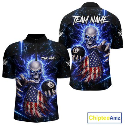 Blue Lightning 8 Ball US Flag Skull Billiard Shirt For Men Custom Pool Team Jersey Polo & 1/4 Zip TDM6230