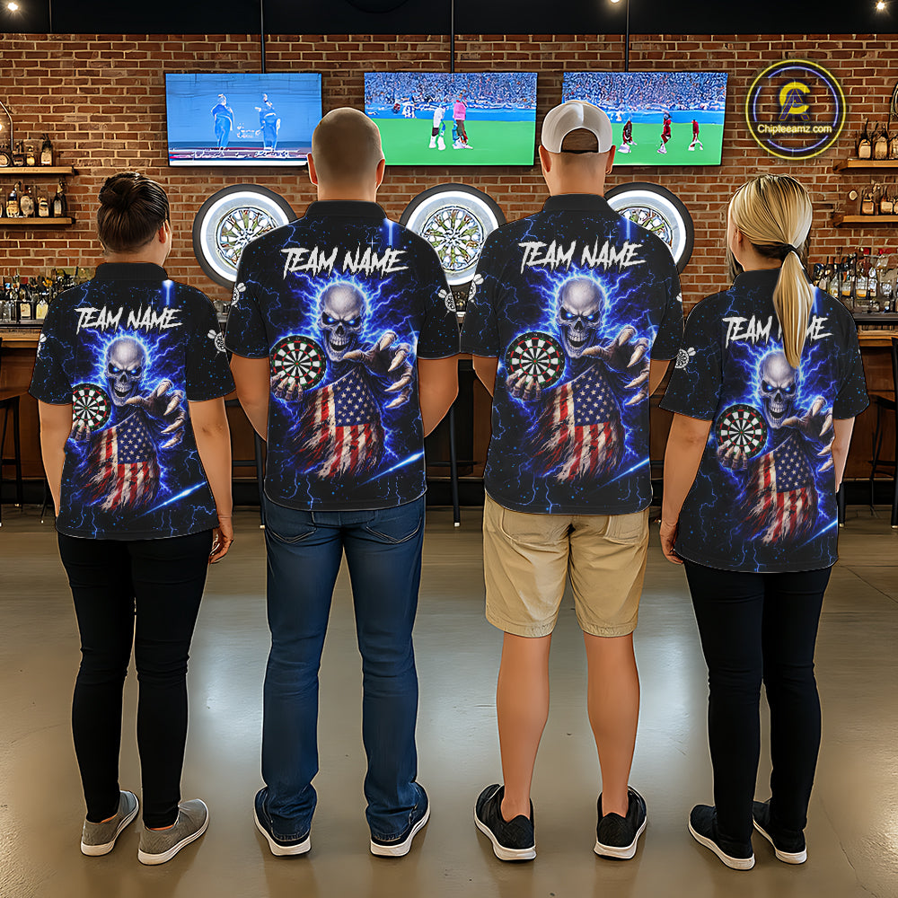 Blue Lightning US Flag Skull Darts Shirt For Men Custom Darts Jersey Team Polo & Quarter Zip TDM6231