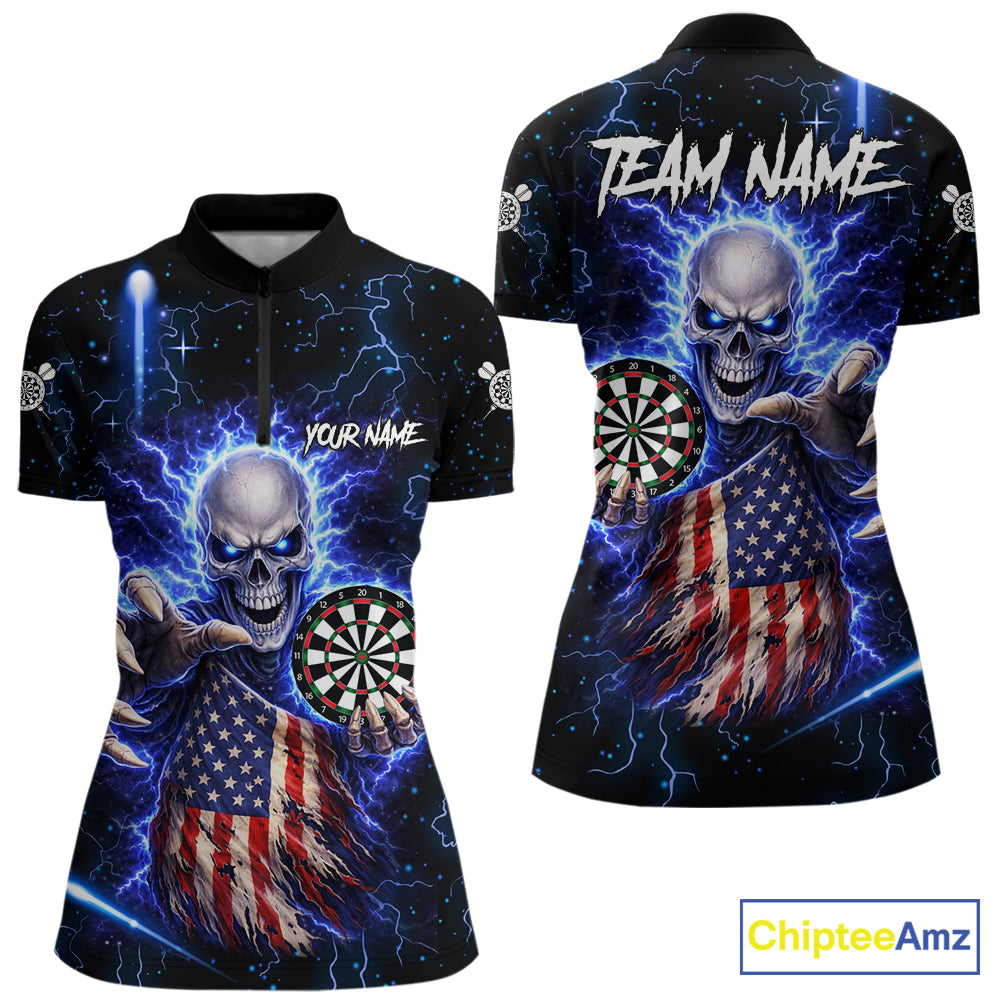 Blue Lightning US Flag Skull Darts Shirt For Women Custom Darts Jersey Team Polo & Quarter Zip TDM6231