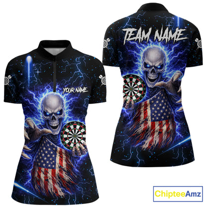 Blue Lightning US Flag Skull Darts Shirt For Women Custom Darts Jersey Team Polo & Quarter Zip TDM6231
