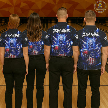 Blue Lightning US Flag Skull Bowling Shirt For Women Custom Bowling Team Jersey Polo & Quarter Zip TDM6232