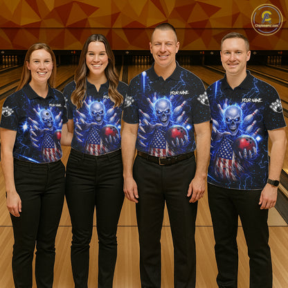 Blue Lightning US Flag Skull Bowling Shirt For Women Custom Bowling Team Jersey Polo & Quarter Zip TDM6232