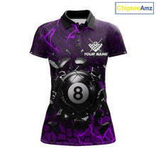 Load image into Gallery viewer, Purple crack 8 ball billiard polo shirt for women with modern pool team graphics and league-ready style.
