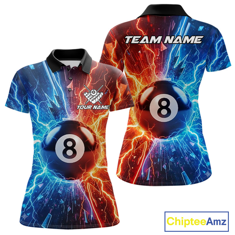 Custom blue and orange lightning 8 ball pool billiard team jersey polo shirt for women, personalized billiard league apparel and tournament jersey.