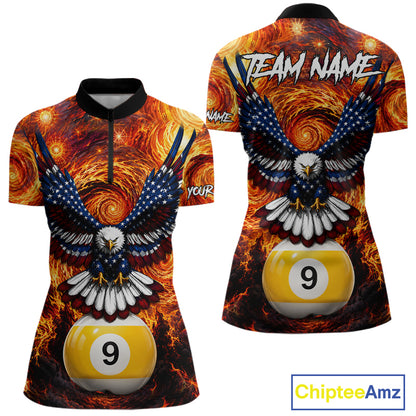 Custom fire flame red 9 ball US flag eagle billiard quarter zip shirt for women, personalized pool team jersey and league apparel.