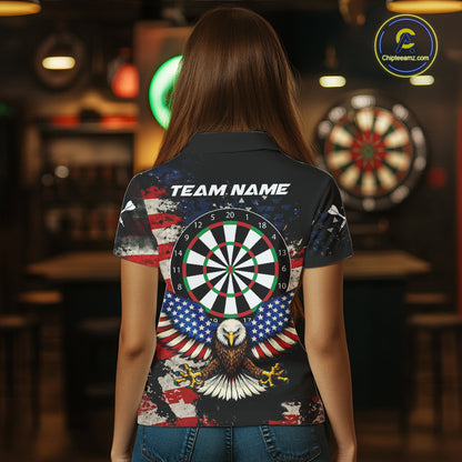 Grunge American Flag Eagle Darts Shirt For Women Custom Patriotic Darts Team Jersey Polo & 1/4 Zip TDM6002