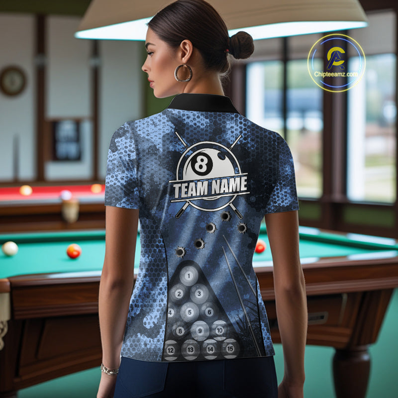 Blue Camo 8 Ball Billiard Shirt For Women Custom Pool Team Shirt, Billiard Jersey Polo & 1/4 Zip TDM6008