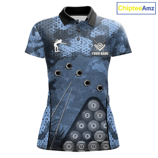 Blue Camo 8 Ball Billiard Shirt For Women Custom Pool Team Shirt, Billiard Jersey Polo & 1/4 Zip TDM6008