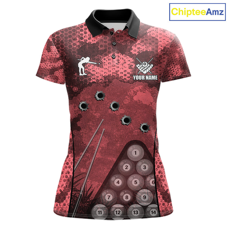 Red Camo 8 Ball Billiard Shirt For Women Custom Pool Team Shirt, Billiard Jersey Polo & 1/4 Zip TDM6009