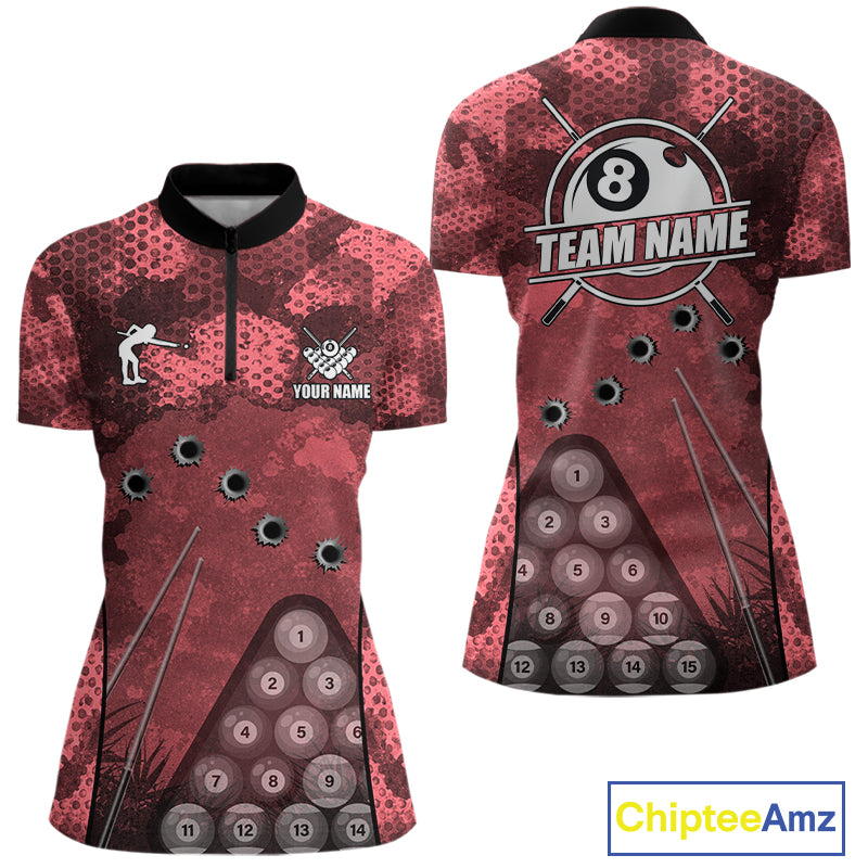 Red Camo 8 Ball Billiard Shirt For Women Custom Pool Team Shirt, Billiard Jersey Polo & 1/4 Zip TDM6009