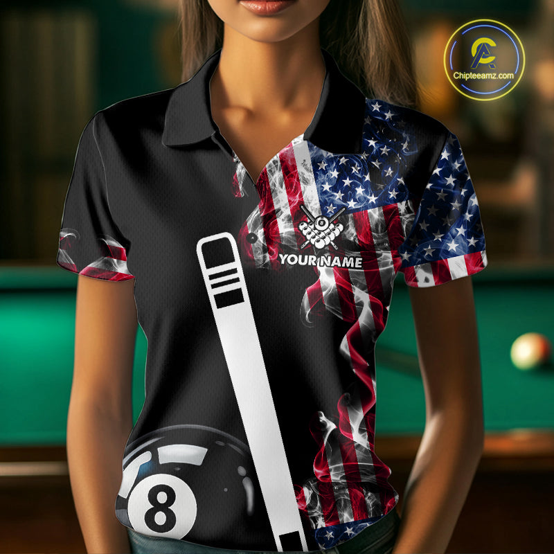 US Flag Smoke 8 Ball Billiard Shirt For Women Custom Patriotic Pool Team Jersey Polo & 1/4 Zip TDM6010