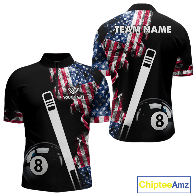 US Flag Smoke 8 Ball Billiard Shirt For Men Custom Patriotic Pool Team Jersey Polo & 1/4 Zip TDM6010