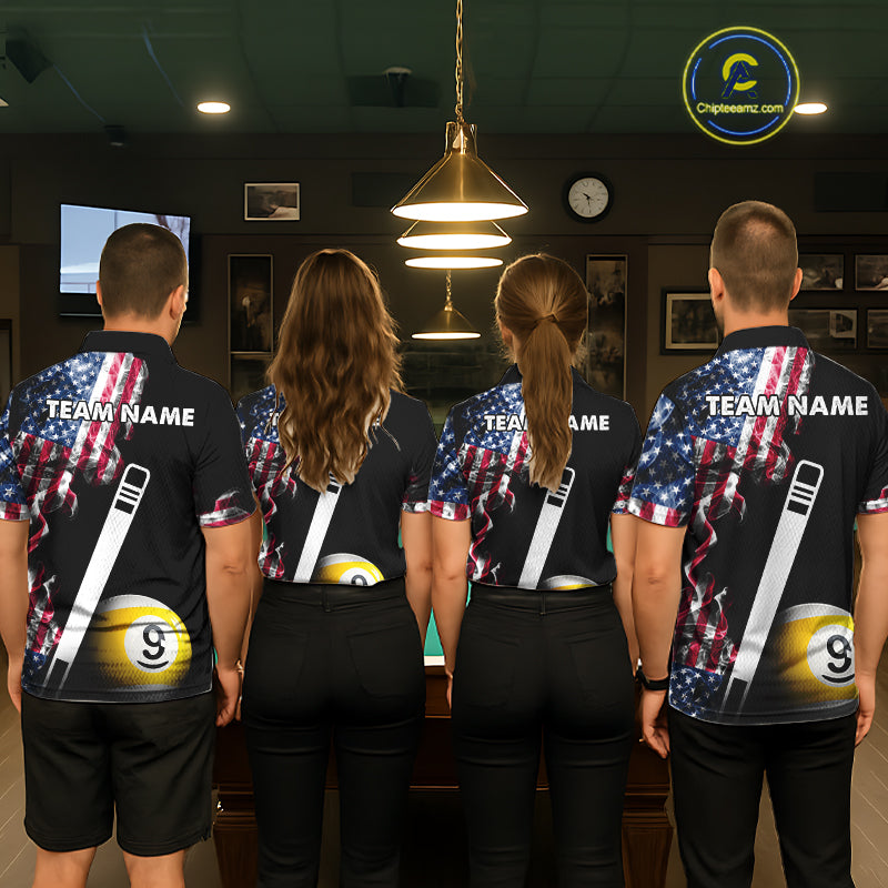 US Flag Smoke 8 Ball 9 Ball Billiard Shirt For Men Custom Patriotic Pool Team Jersey Polo, 1/4 Zip TDM6011