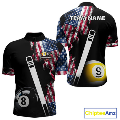 US Flag Smoke 8 Ball 9 Ball Billiard Shirt For Men Custom Patriotic Pool Team Jersey Polo, 1/4 Zip TDM6011