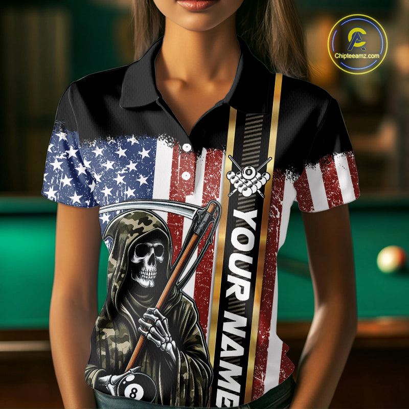 Camo Grim Reaper 8 Ball Billiard Shirt For Women Custom American Flag Pool Team Jersey Polo, 1/4 Zip TDM6246