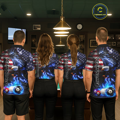 Back view of pool players wearing matching blue flame jerseys in a game room.