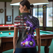 Load image into Gallery viewer, Back view of woman wearing an American flag billiard jersey in a billiards room.