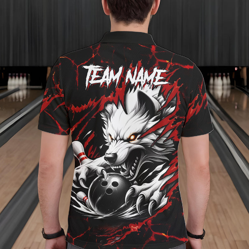 Man wearing black and red custom wolf bowling team jersey polo shirt featuring wolf artwork, back view.