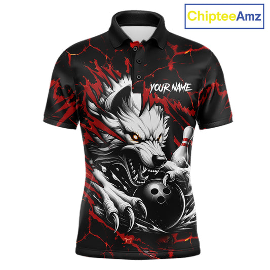 Black and red custom wolf bowling team jersey polo shirt for men featuring a fierce wolf design, premium personalized bowling league apparel for tournaments and team play.