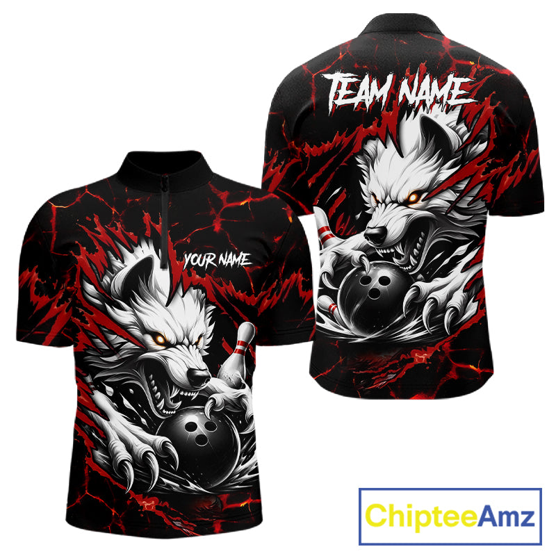 Black and red custom wolf bowling team jersey quarter zip shirt for men featuring bold wolf artwork, premium custom bowling apparel.