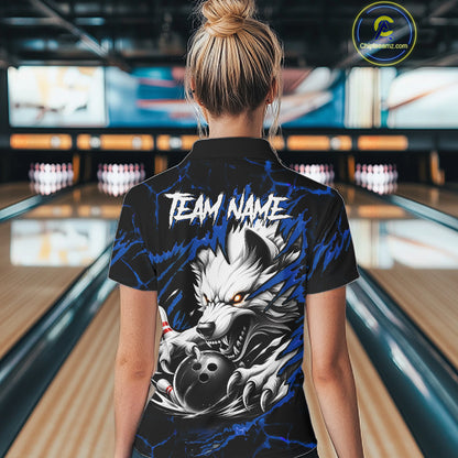 Woman wearing black and blue custom wolf bowling team jersey polo shirt featuring wolf artwork, back view.