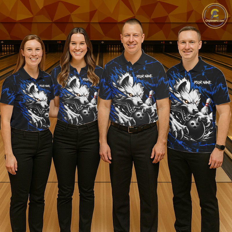 Bowling team wearing matching black and blue custom wolf bowling team jerseys, front view.