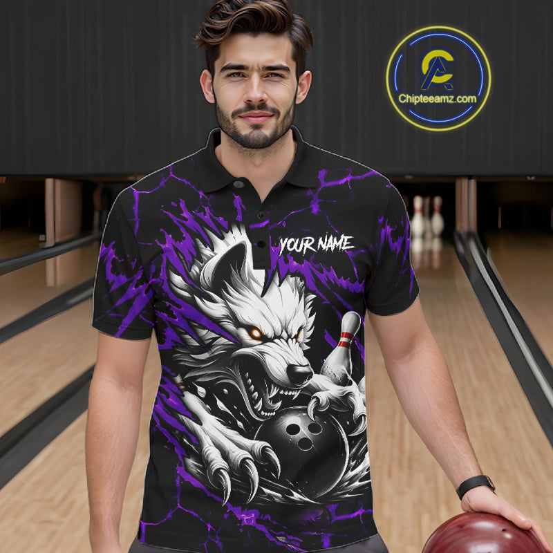Man wearing black and purple custom wolf bowling team jersey polo shirt featuring wolf artwork, front view.