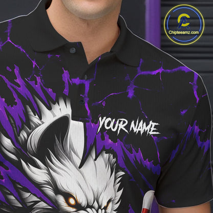 Close-up of black and purple custom wolf bowling team jersey polo shirt featuring collar, buttons and wolf artwork.